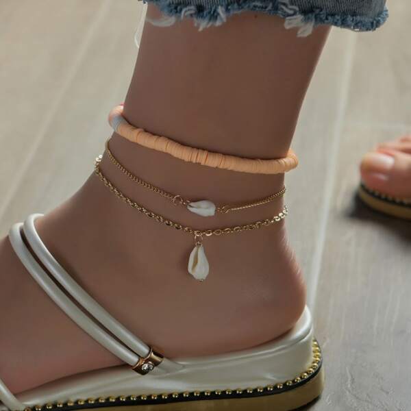 

3pcs Conch Charm Anklet, Multicolor