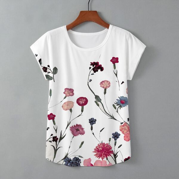 

Floral Print Batwing Sleeve Tee, White