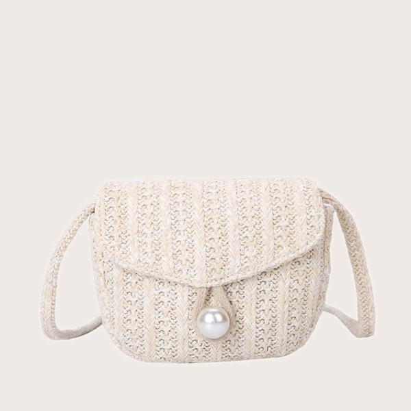 

Faux Pearl Decor Straw Bag, Beige