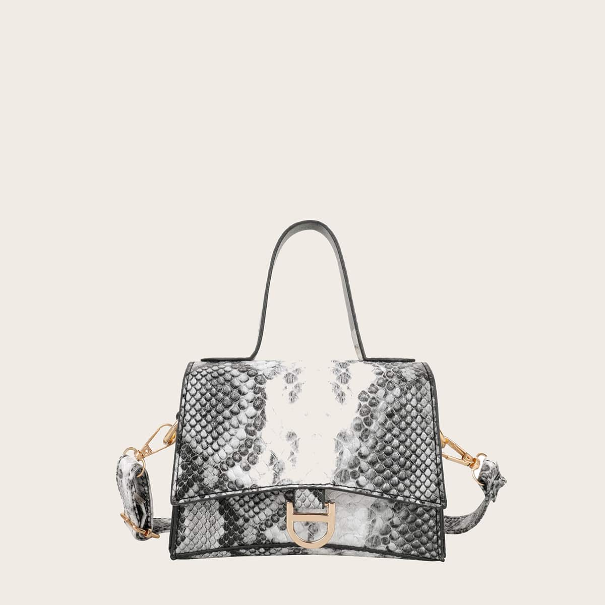 

Snakeskin Mini Satchel Bag, Black