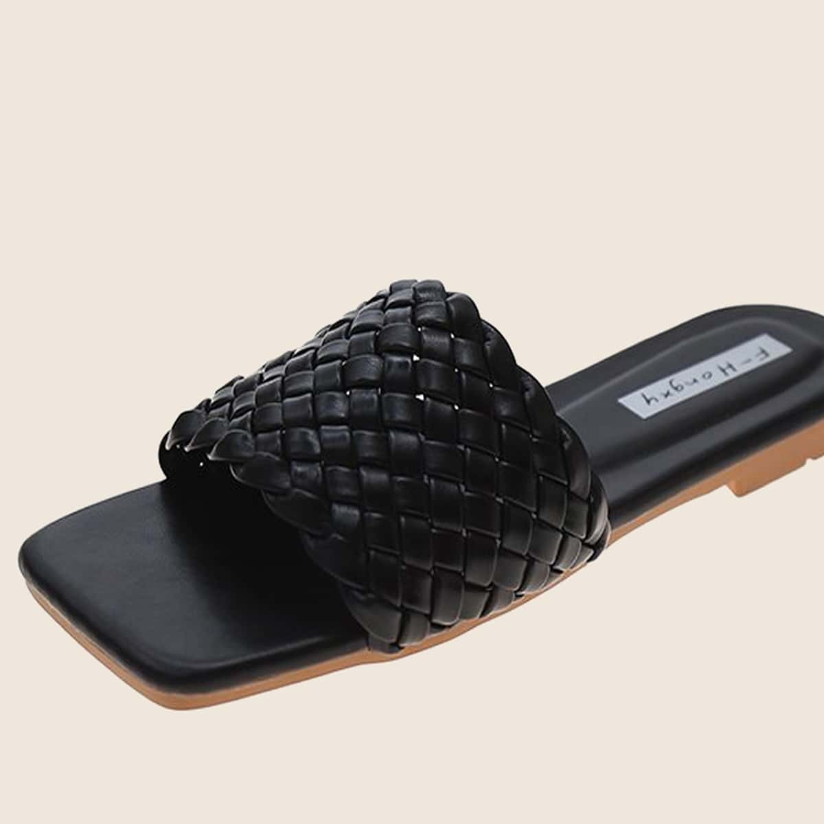 

Braided Wide Band Slide Sandals, Black