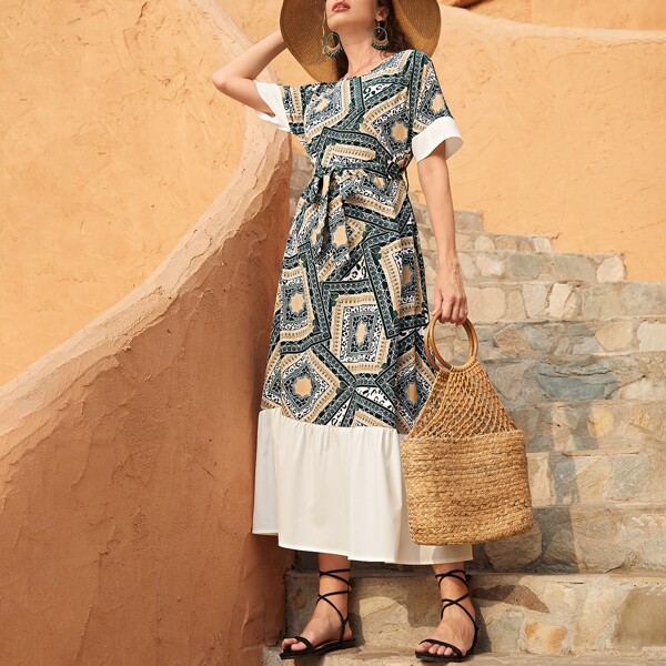 

Color Block Belted A-line Dress, Multicolor