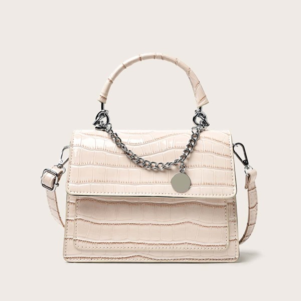

Chain Decor Croc Embossed Satchel Bag, Beige