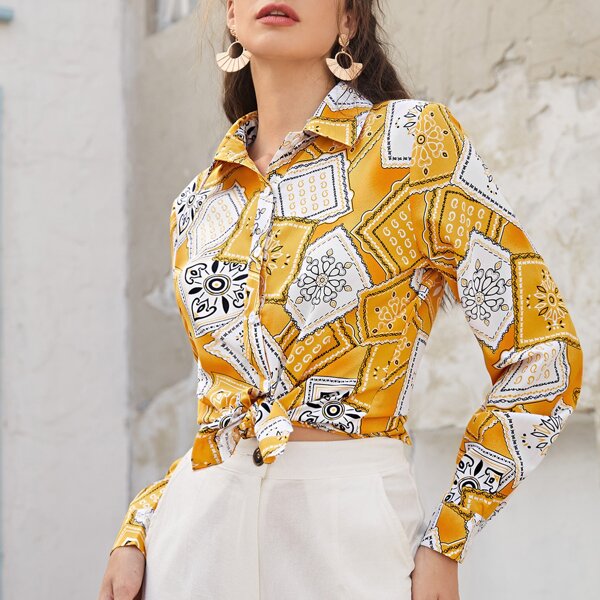 

Scarf Print Button Up Blouse, Multicolor