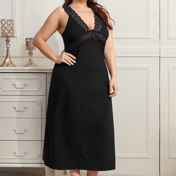 

Plus Contrast Lace Cami Nightdress, Black