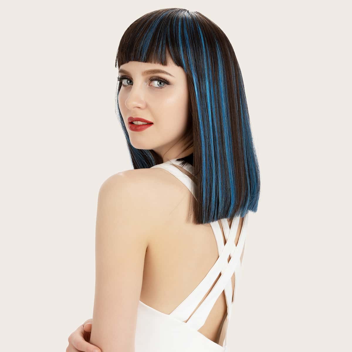 

Natural Straight Wig With Bangs, Multicolor