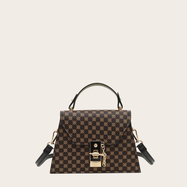 

Geometric Pattern Toggle Lock Satchel Bag, Brown