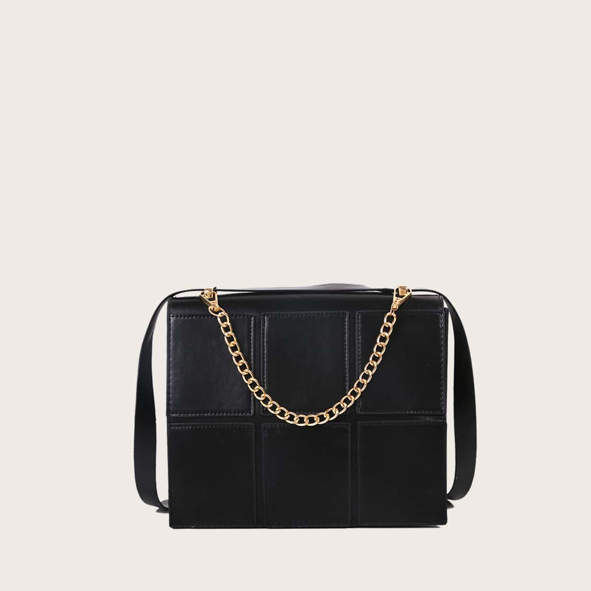 

Solid Patched Satchel Bag, Black