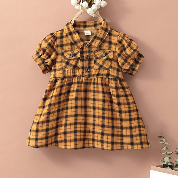 

Baby Girl Plaid Flap Pocket Smock Dress, Mustard yellow
