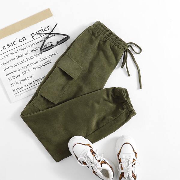 

Knot Waist Flap Pocket Suede Pants, Olive green