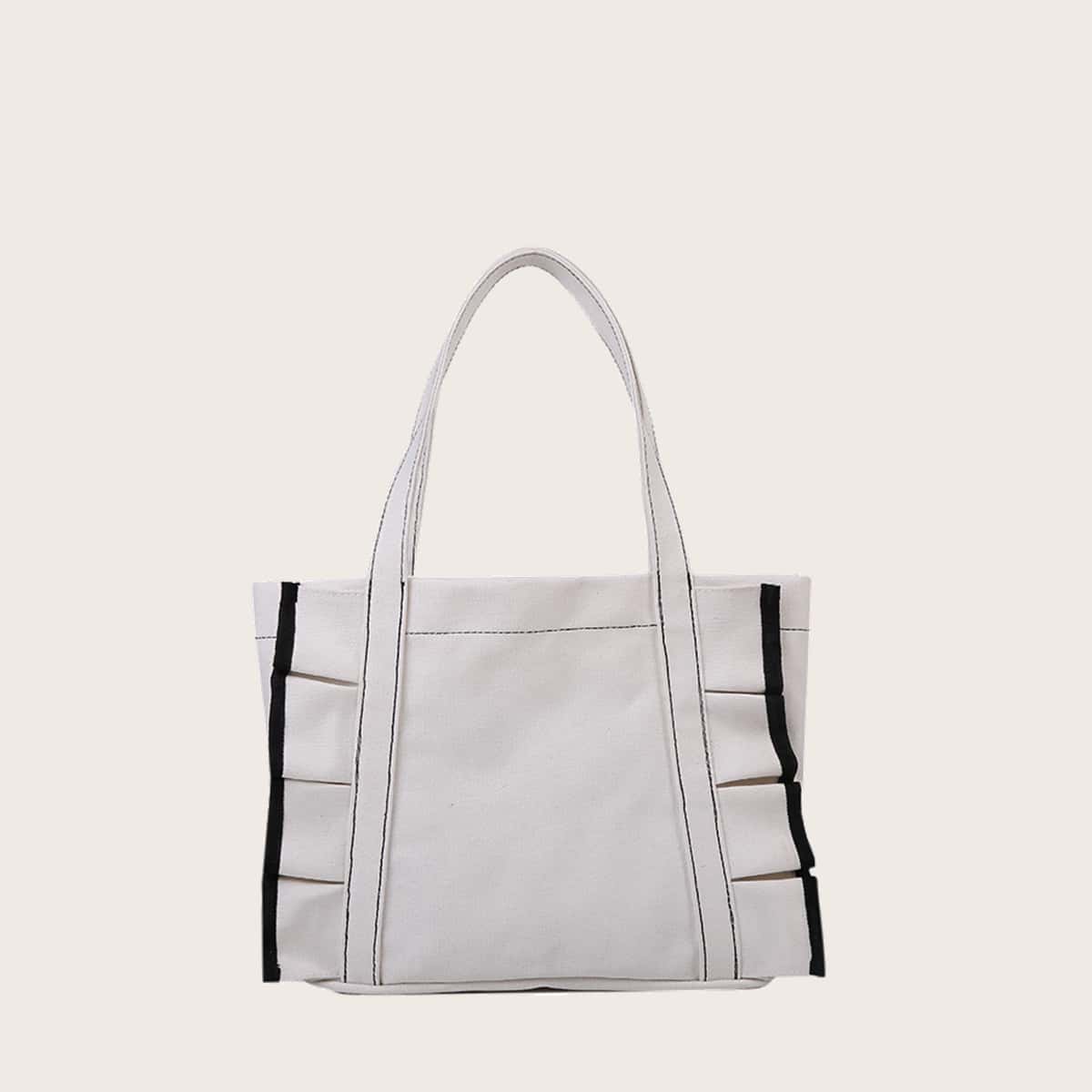 

Ruffle Trim Canvas Tote Bag, White