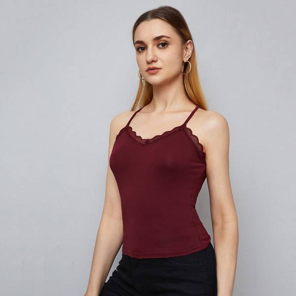 

Lace Detail Solid Cami Top, Burgundy