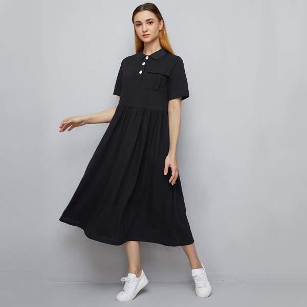 

Flap Pocket Polo Shirt Dress, Black