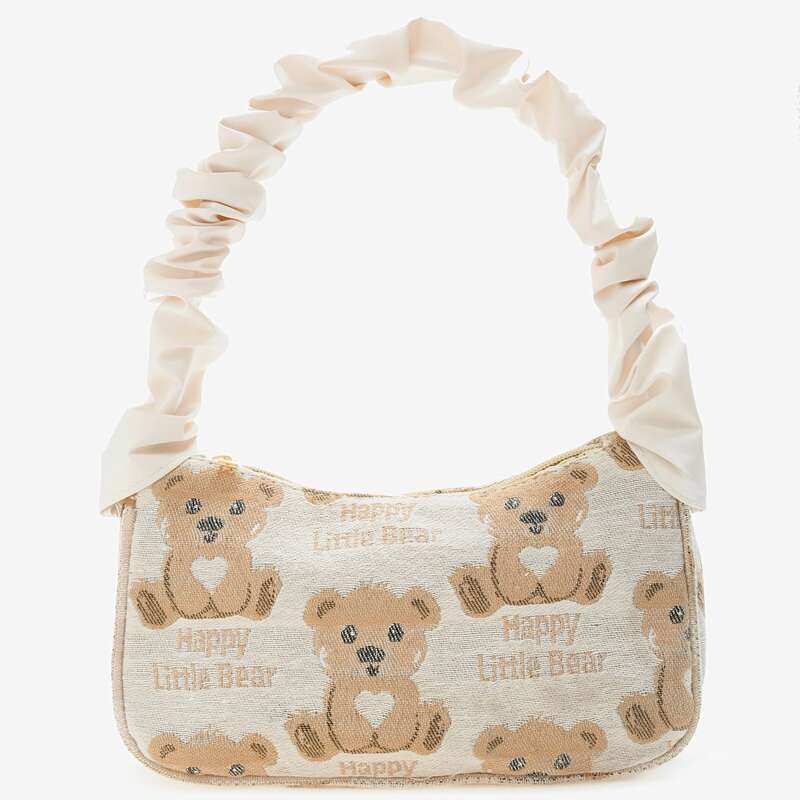 

Cartoon Bear Ruched Strap Baguette Bag, Beige