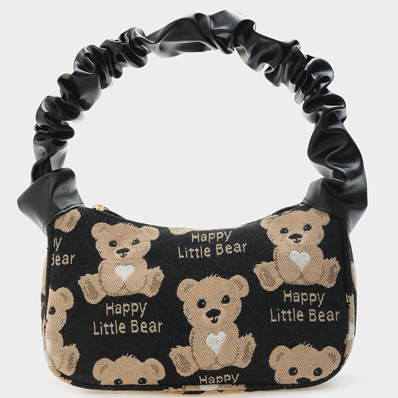 

Cartoon Bear Ruched Strap Baguette Bag, Black