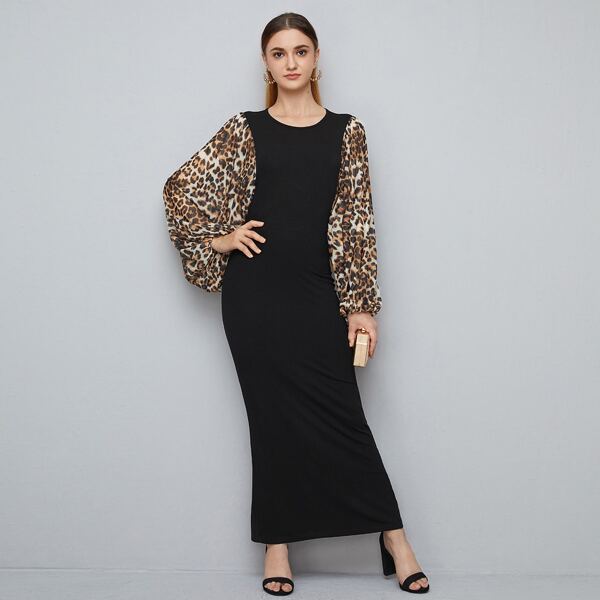 

Leopard Bishop Sleeve Split Hem Rib-knit Dress, Black