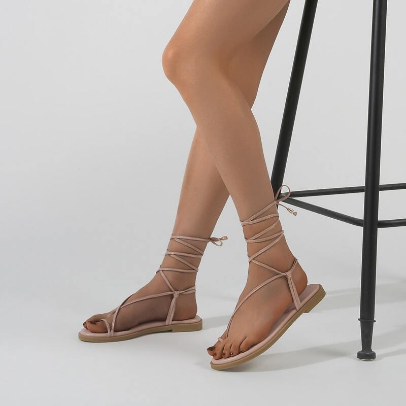 

Tie Leg Thin Strap Thong Sandals, Baby pink