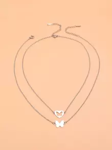 2pcs Butterfly Pendant Necklace - Silver - View 2
