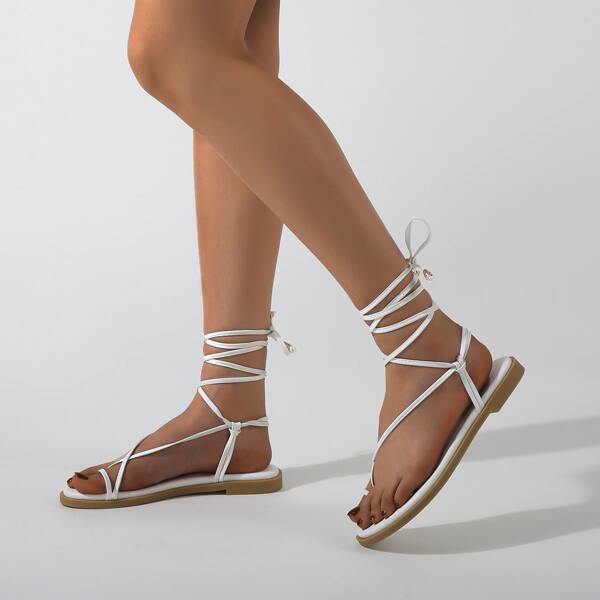 

Tie Leg Thin Strap Thong Sandals, White
