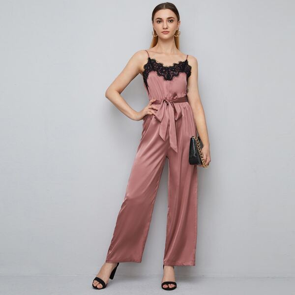 

Eyelash Lace Trim Satin Cami Jumpsuit, Dusty pink