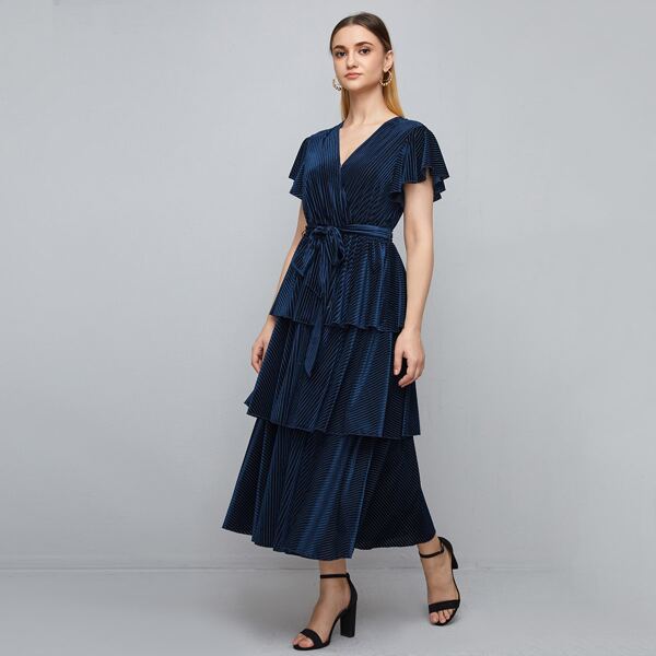 

Solid Butterfly Sleeve Layered Ruffle Hem Velvet Belted Dress, Navy blue
