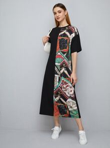 Seusyu Scarf Print Tee Dress - Black - View 1