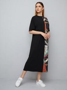 Seusyu Scarf Print Tee Dress - Black - View 3