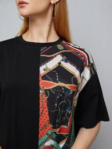Seusyu Scarf Print Tee Dress - Black - View 4