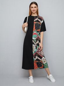 Seusyu Scarf Print Tee Dress - Black - View 5