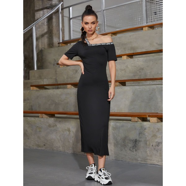 

Letter Tape Asymmetrical Neck Dress, Black