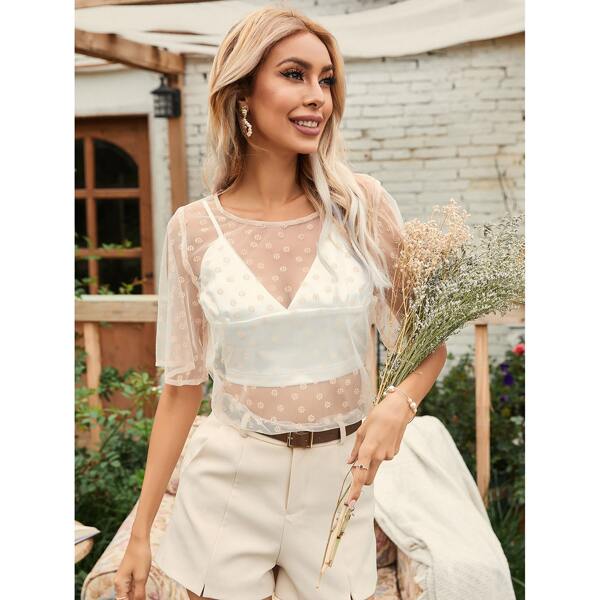 

Floral Print Sheer Mesh Top, Beige