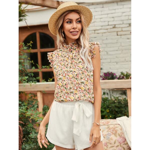 

Floral Ruffle Neck Keyhole Back Blouse, Multicolor