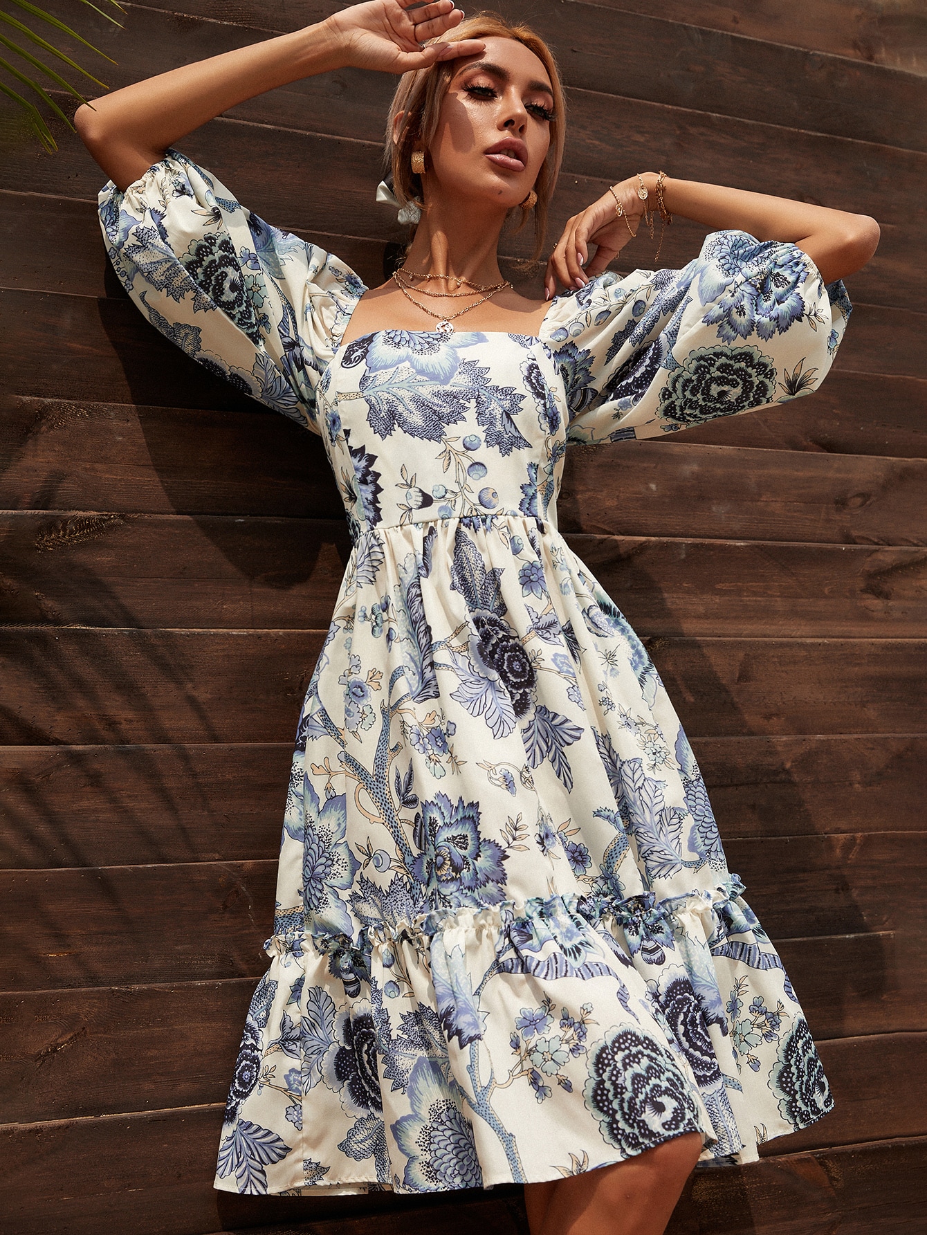 Floral Print Puff Sleeve Ruffle Hem 