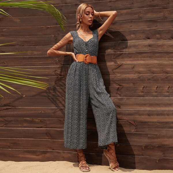 

Allover Print Wide Leg Jumpsuit Without Belted, Black and white