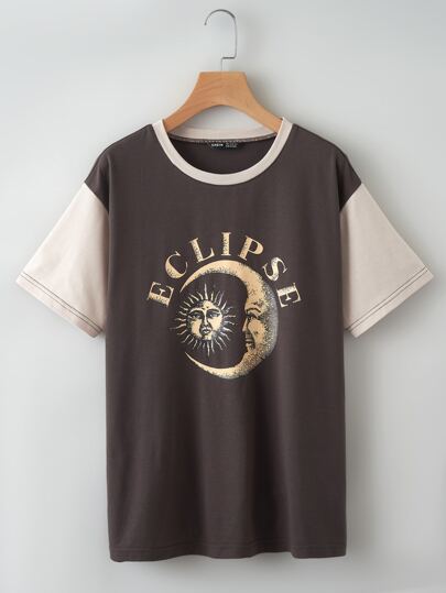 Plus Letras Y Sol Y Luna Impresión Camiseta