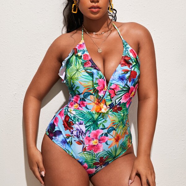 

Plus Floral & Tropical Ruffle One Piece Swimsuit, Multicolor