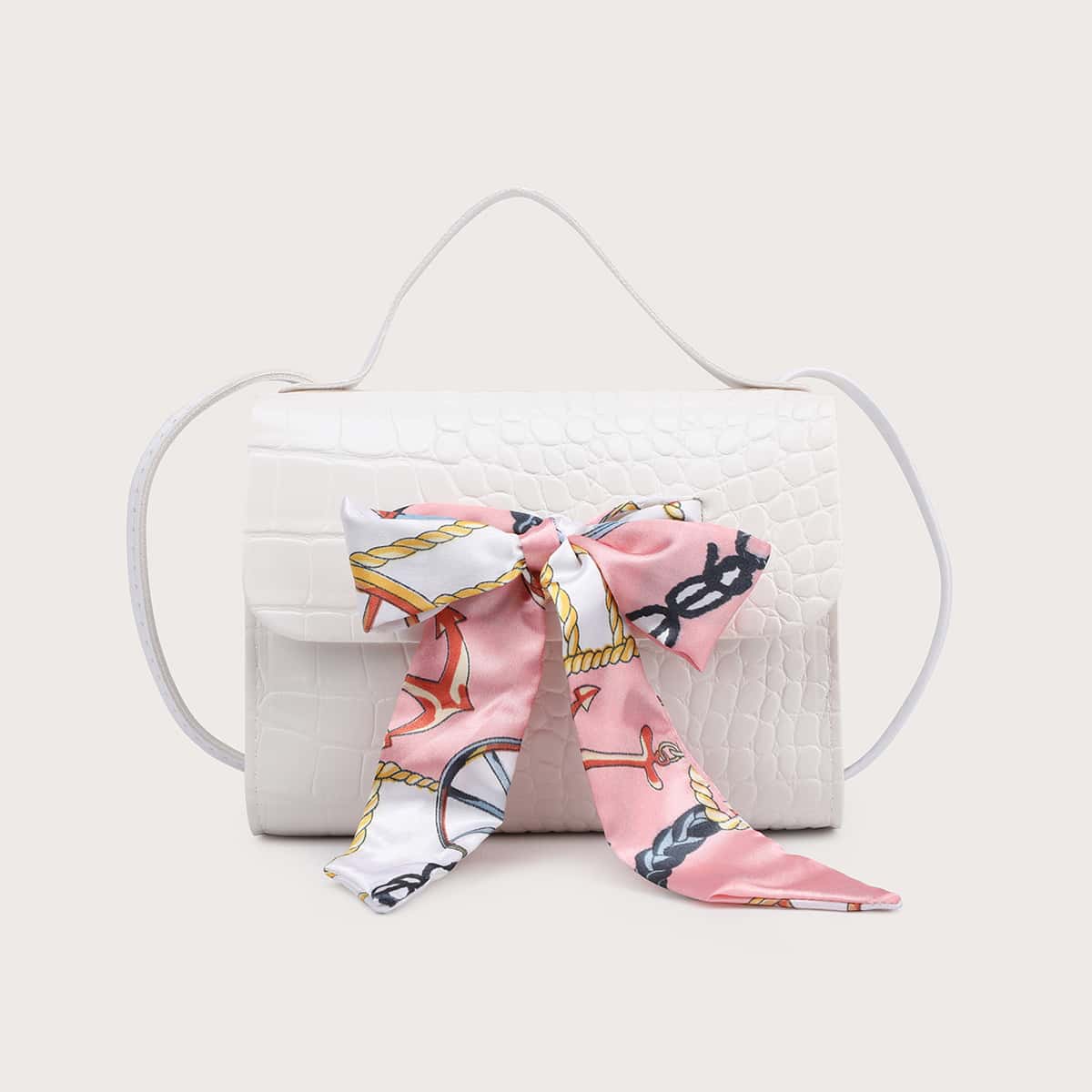 

Bow Knot Croc Embossed Satchel Bag, White