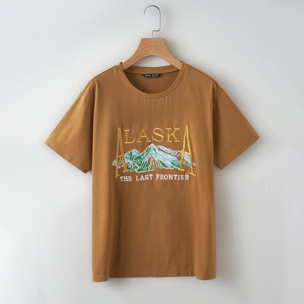 

Plus Mountain And Letter Embroidered Tee, Brown