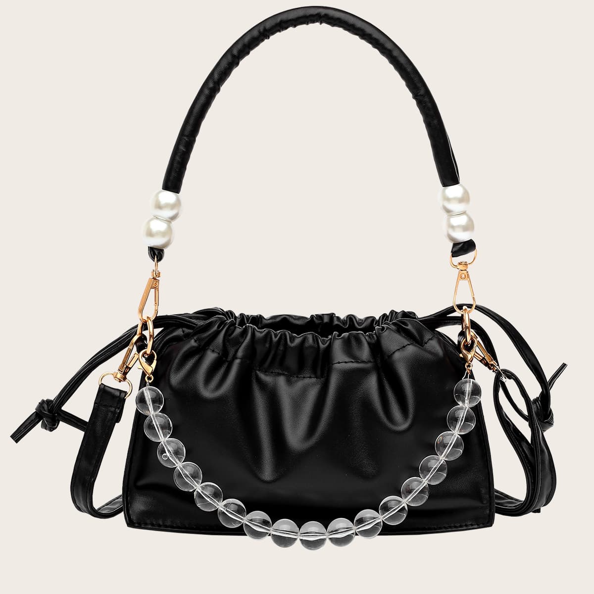 

Faux Pearl Decor Ruched Shoulder Bag, Black