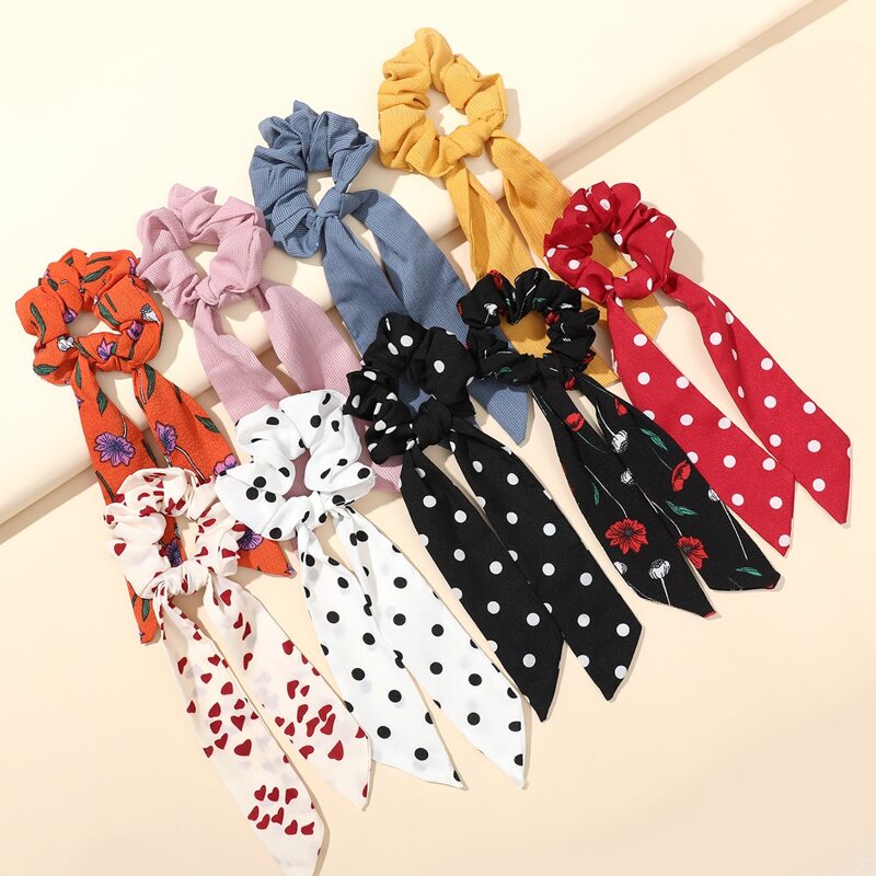 

9pcs Polka Dot Print Scarf Hair Tie, Multicolor