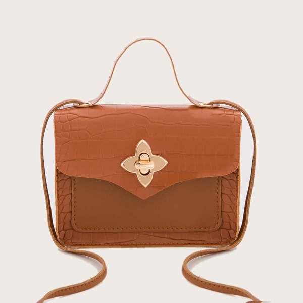 

Croc Embossed Flap Satchel Bag, Brown