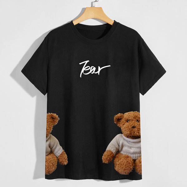 

Men Cartoon Bear And Letter Graphic Tee, Black