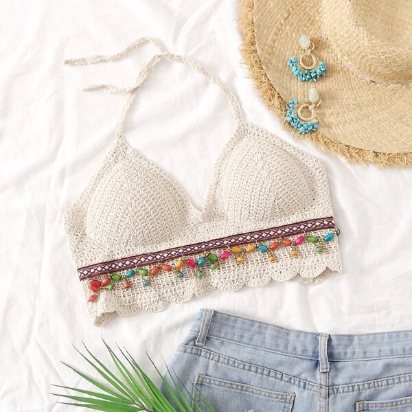 

Scallop Trim Beaded Detail Bikini Top, Beige
