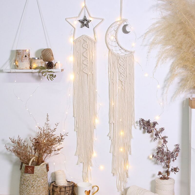 

1pc Moon & Star Woven Wall Hanging, Beige
