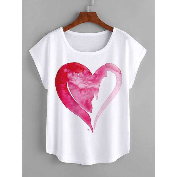 

Plus Heart Print Cap Sleeve Tee, White