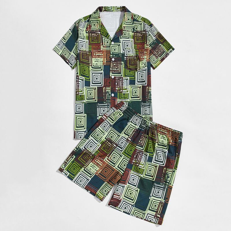 

Guys All Over Print Button Front Shirt & Shorts, Multicolor