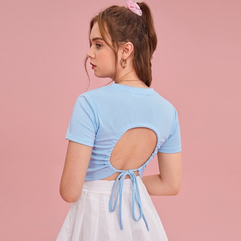 

Solid Backless Ribbed Crop Tee, Baby blue