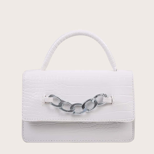 

Chain Decor Croc Embossed Satchel Bag, White