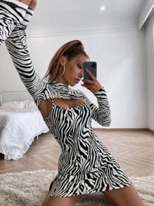 SHEIN ICON Zebra Striped Super Crop Top & Cami Dress - Black and White - View 1