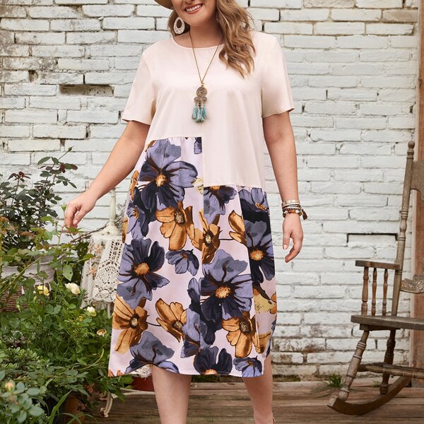 

Plus Floral Round Neck Dress, Multicolor